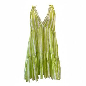 Lime green vertical stripe deep v tiered mini dress